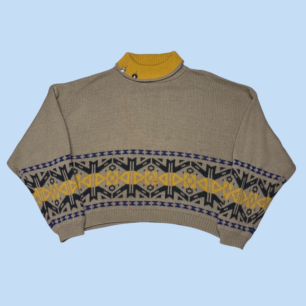 Vintage Benetton Italy Mock Neck Geometric Sweater Tan Yellow Blue